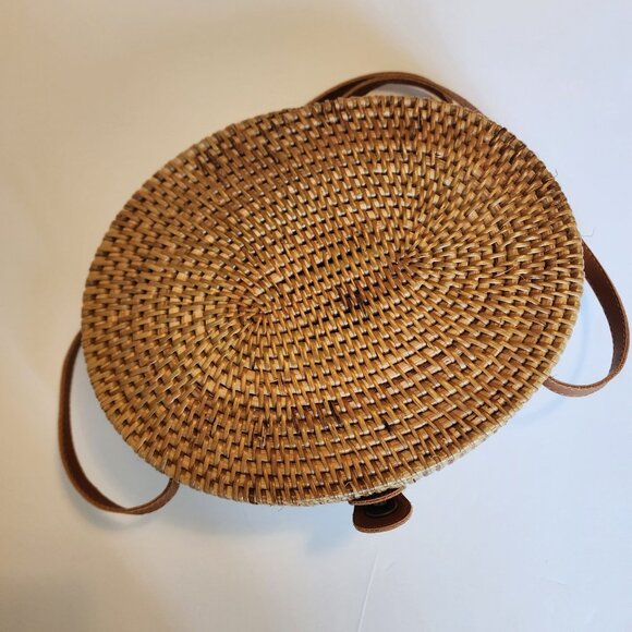 Woven Rattan Round Crossbody Bag With Leather Strap & Floral Lining - Picture 9 of 11